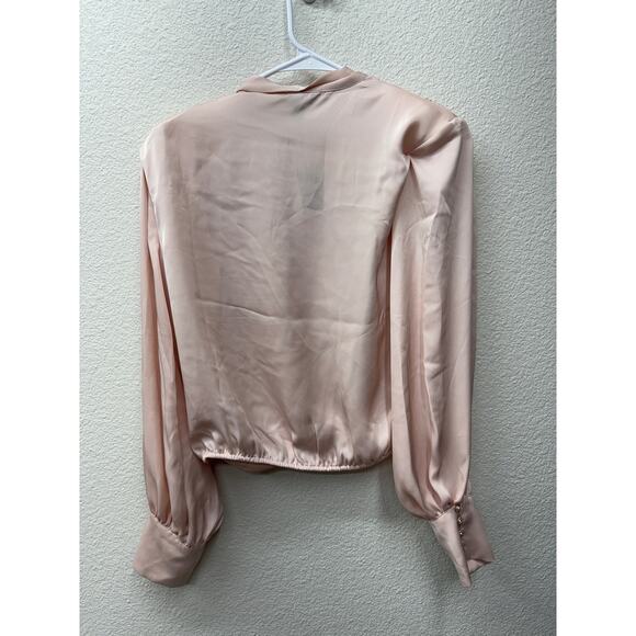 Express Shirt Womens Size S Blush Pink Faux Wrap V Neck Puff Shoulder Blouse New - Picture 2 of 5